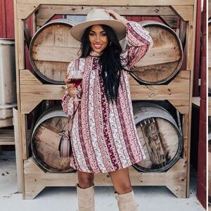 Impressions Boho Stripe Floral Lined Mini Dress in Burgundy and Cream Cotton